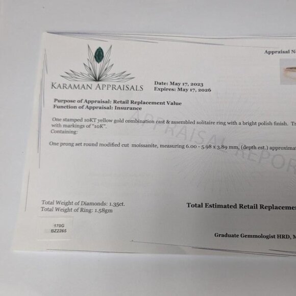 10K Yellow Gold 1.59G Moissanite 1Ct Ring. With appraisal document. - Picture 3 of 4